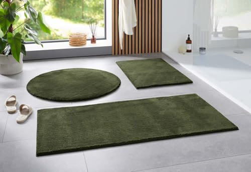 Taracarpet Badematte Uni Boho rutschfest, waschbar, Badezimmer-Teppich, Bad-Vorleger, WC Deko, Duschvorleger für Dusche und Badewannen weich und als Set kombinierbar Dunkel Grün 050x080 cm
