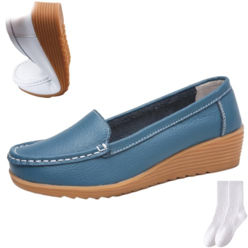 Mocasines ortopédicos de cuero para mujer, mocasines casuales cómodos y suaves con plataforma inferior de cuña para caminar, oficina, trabajo, conducción, mocasines, Blue, 0 UK