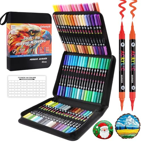 144 Couleurs Feutre Acrylique, 72 Pièces à Double Pointe Brosse Double Couleurs Marqueur Acrylique avec 16 Couleurs métalliques Pour La Peinture sur Roche, Bois, Toile, Verre, Livre de Coloriage