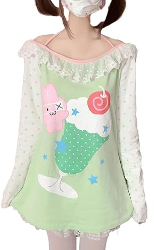 Womens Y2K Kawaii Shirt -Graphic Print Round Neck Sweatshirt Off Shoulder Lace Tops Cute Japanese Graphic Casual T-Shirt