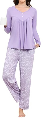 Reliwel Pijamas Mujer Largo Invierno Pijama Cómodo Conjunto Pijamas Mujer Cuello en V con Pantalón - Ropa de Estar por Casa con Estampado Floral Morado, XL