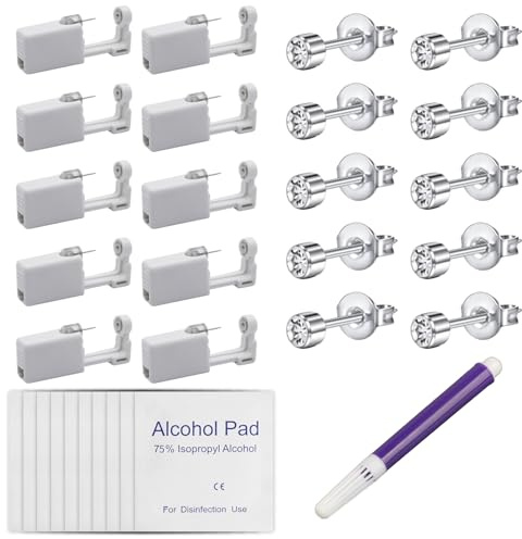 10PCS Stainless Ear Piercing Kit, Disposable Piercing Gun Set, Disposable Nose Piercing Kit, with Silver Plated Studs Alcohol Cotton and Pen, for Women Men DIY Ear Piercing Self-Use at Home, Silver