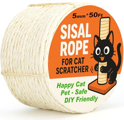 Natural Sisal Rope for Cat Scratcher Tree Thick 5-mm 1/5 Inch by 50 Feet, Cat Tower Climbing Twine for Cat Scratching Post Replacement, Scratch Post Repairing, Replace, Recovering and DIY, White
