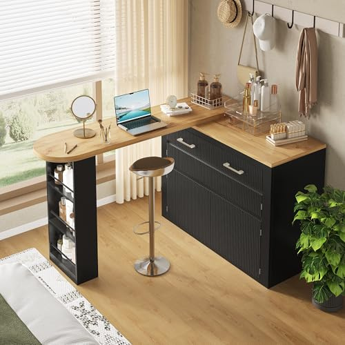 VIVCA Tavolo da bar allungabile 137 – 215 × 39 × 102,3 cm con spazio di archiviazione, moderno tavolo da bar mobile, tavolo da bar telescopico con un cassetto e due ripiani, tavolo da cucina, tavolo