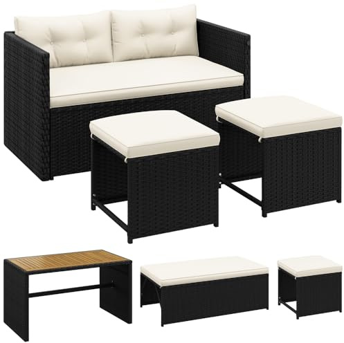 Yaheetech 2 in 1 Set Mobili da Giardino in Rattan PE con 1 Panca Trasformabile in Divano, 1 Tavolo e 2 Pouf, Ideale per Balcone Terrazza Patio Nero e Beige