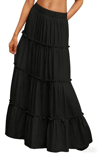 BEWECASU Women Vacation Outfits Long Skirts Boho Maxi Skirt Elastic High Waist Dress with Pockets