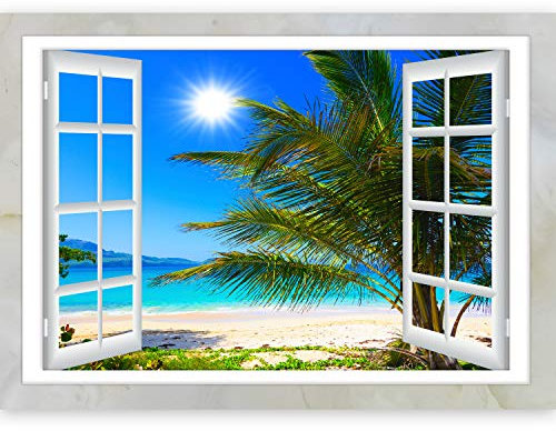 Fotomurales 3D - Ilusion Optica 3D 140x100 cm - Fotomural Poster Finestra - Fotomurales Papel pintado - Cuadro Mar Playa Duna