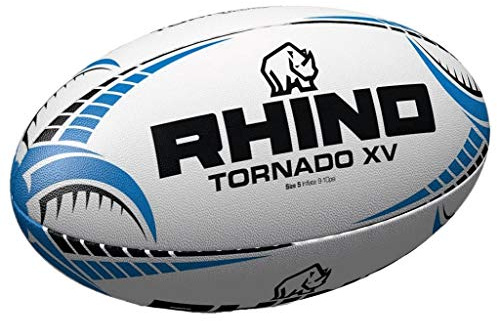 Rhino Tornado XV rugbyboll, storlek 4, vit/blå