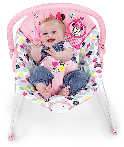 Bright Starts, Disney Baby, Minnie Mouse Spotty Dotty, Babywippe Babyschaukel mit Vibrationen, maschinenwaschbarem Sitzpolster, rutschfesten Füßen, 2 Hängespielzeugen, 0-6 monate