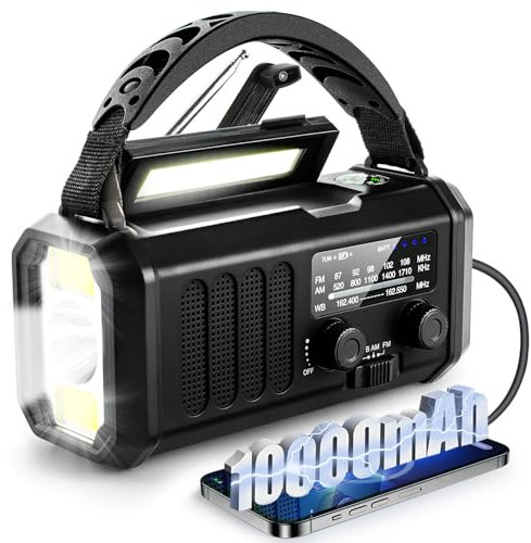 Radio météo d'urgence 10 000 mAh, radio de survie portable FM/AM/NOAA alimentée par batterie et banque d'alimentation, chargeur solaire/manivelle/type C, lampe de poche, lampe de lecture, boussole,