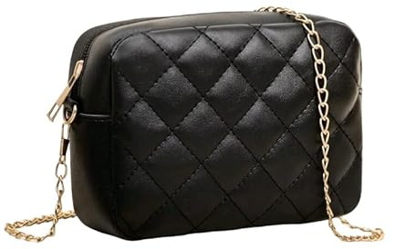 Bolso Pequeño con Cadena - Bolso Bandolera Acolchado Negro con Cierre de Cremallera Modelo Fashion