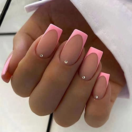 Press On Nails Viereckig Kurz, 24 Stück Nude Rosa Französische Künstliche Nägel mit Strass, Kunstnägel Nägel Zum Aufkleben Acryl Square Fingernägel Fake Nails Kurz für Frauen Mädchen