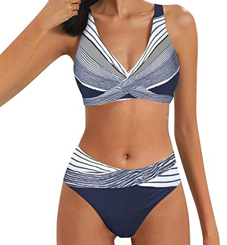 Women's Printed/Solid Two Piece Bikini Swimsuit - Cross Front Bikini Top and High Waist Swim Brief Beach Wear Set - Swimming Costume