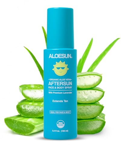 ALOESUN After Sun Face and Body Spray | Non Sticky Organic Aloe Vera for Sun Exposure Relief with Pure Lavender Essential Oil | Natural Aftersun Skin Moisturizer for Redness | Travel Size 3.4 Fl Oz