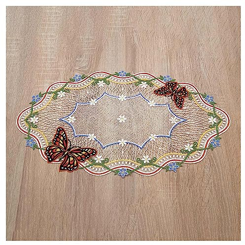 Deckchen Fiona Echte Plauener Spitze sommerliche Tischdecke mit kleinen Blüten und Schmetterlingen bunt 50 x 30 cm oval
