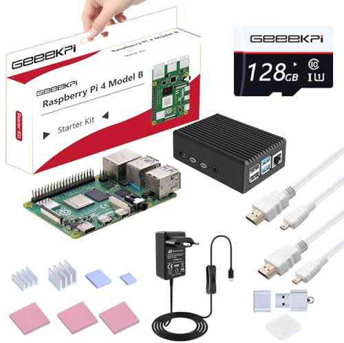 GeeekPi Starter Kit für Raspberry Pi 4 8GB, inklusive Pi 4 8GB RAM Board, 128GB SD Karte und Kartenleser, passiv kühlendes Aluminiumgehäuse, 5V 3.6A Netzteil mit EIN-/Ausschalter, 2pcs 4K HDMI Kabel