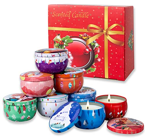 8 Packs Weihnachtskerzen Geschenkset Set für Frauen, Tragbare Reise Aromatherapie Kerzen Set mit Natürlichem Sojawachs, Dekorative Duftkerzen Set als Geburtstags und Weihnachtsgeschenke