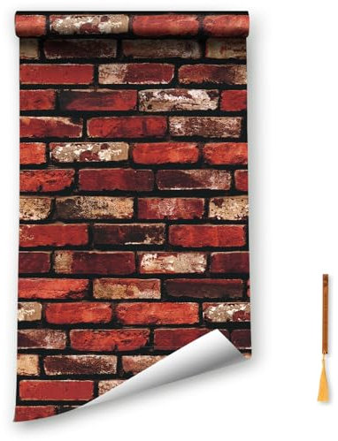 Oufdj-iPro Papier peint en pierre - 44.5x800CM Papier peint autocollant en vinyle - Brique rouge - Décoration murale imperméable - Rouleau de marque-pages en bois exquis