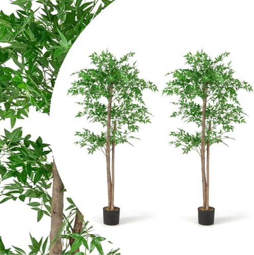 SPOTRAVEL 5FT Artificial Bamboo Tree, Green Fake Bamboo Plant with 1020 Leaves, Natural Wood Trunk & Realistic Dried Moss, Indoor Realistic Floor Plants for Home Office Living Room Porch (2)