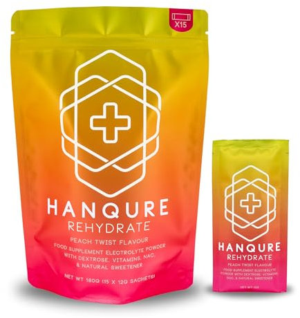 Hydration Sachets with Electrolytes for Rehydration & Fast Recovery by Hanqure. Contains 15 Single Serving Sachets for Rapid Rehydration. (15 Servings, Peach Twist)