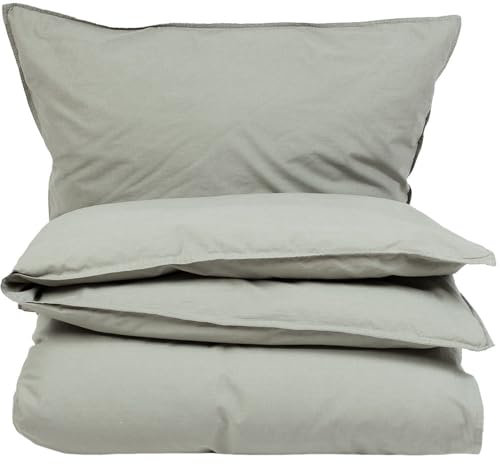 Knutzen Wohnen Ropa de cama 135 x 200 cm, algodón oliva, aspecto de lino lavado a la piedra, ropa de cama de algodón con cremallera, 1 funda nórdica de 135 x 200 cm y 1 funda de almohada de 80 x 80 cm