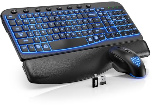 SABLUTE Ergonomic Wireless Keyboard and Mouse Combo - Wave Keyboard with Soft Leather Wrist Rest, Resistant Keys, RGB Backlit Rechargeable Set for PC/Mac/Chromebook (Black)