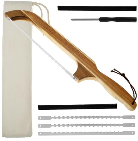 HAIJED Bread Bow Saw Knife, 16.7 inch Bread Bow Cutter with Wooden Handle and 3 Stainless Steel Replacement Blades, Sourdough Bread Knife for Homemade Bread Baguettes