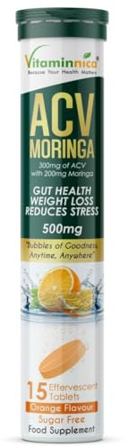 Vitaminnica ACV Moringa 15 Effervescent Tablets 500mg Apple Cider Vinegar with No Added Sugar for Gut Health | Weight Loss | Reduces Stress | Orange Flavour (1)