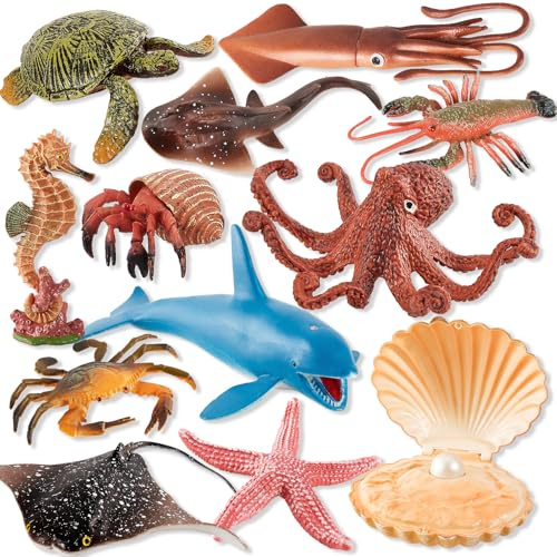 HAYKIDS 12 Pezzi Animali Marini Giocattoli, Modello Giocattolo Marino 7-14 CM, Tartaruga, Polpo, Aragosta, Set Figurine Animali Oceanici per Bambini 3+ Anni