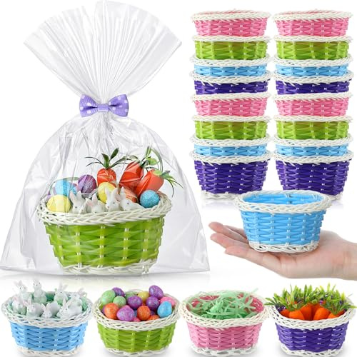 Cinnvoice 12 Sets Mini Easter Party Favor Supplies, Mini Easter Baskets with Eggs, Bunnies, Carrots, Grass & Opp Bags for Spring Egg Hunts, DIY Crafts (Colorful)
