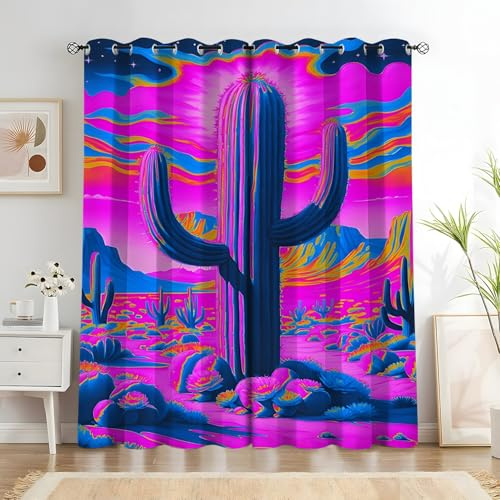 YZQGLHP blålila kaktusgardiner, lila gardiner, mörkläggningsgardiner, ljudisoleringsgardin, för insynsskydd i vardagsrum och sovrum, B117 x H 137 cm (2-pack)