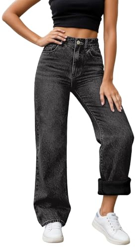 Generico Jeans Donna Larghi Vita Alta in Pile Jeans Felpati Donna Fodera Interna Morbida con Tasche Comodi Jean Termici Invernali Jean Baggy Wide Leg Fit Pantaloni Diritti e Streetwear