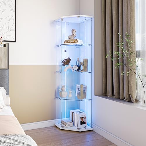 YGHQAP Vitrina de esquina de cristal con iluminación LED, vitrina de 4 pisos con 1 puerta y cerradura, armario de esquina moderno, vitrina coleccionable para salón, dormitorio, oficina