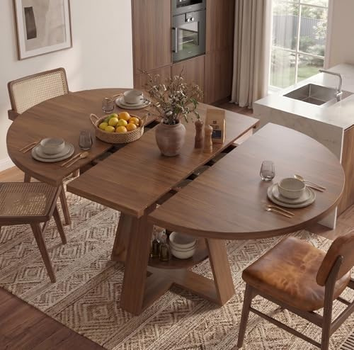 Aislinglen Runt matbord utdragbart, 100/140 x 100 x 75 cm, elliptiskt matbord, träbord för 2–6 personer, träram med förvaringsyta, soffbord för middag, vardagsrum, matsal, valnöt