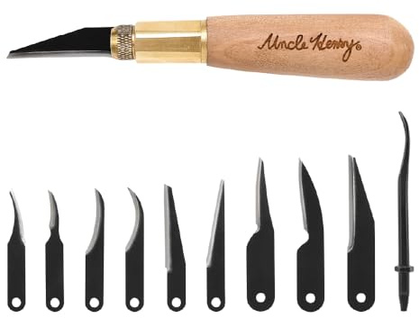 Uncle Henry 22UH Deluxe Wood Carving Kit with 10 Interchangeable High Carbon S.S. Blades, Secure 3-Way Brass Attachment System, Detail Knife Tool for Wood Carving, Marking, Whittling, and Woodworking