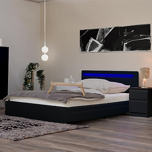 Home Deluxe - LED Bett NUBE - Schwarz, 140 x 200 cm - inkl. Lattenrost und Schubladen I Polsterbett Design Bett inkl. Beleuchtung