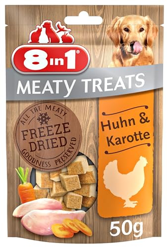 8in1 Meaty Treats, gefriergetrocknete Hunde Leckerlis mit Huhn & Karotte, getreidefrei und ohne Zucker, 50 g Beutel