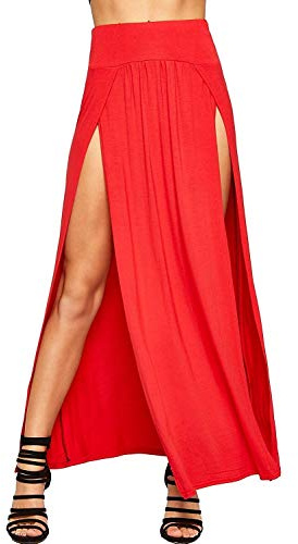 Crazy Girls Womens Long Double Split High Waist Ladies Plain Jersey Stretch Two Side Slit Maxi Skirt
