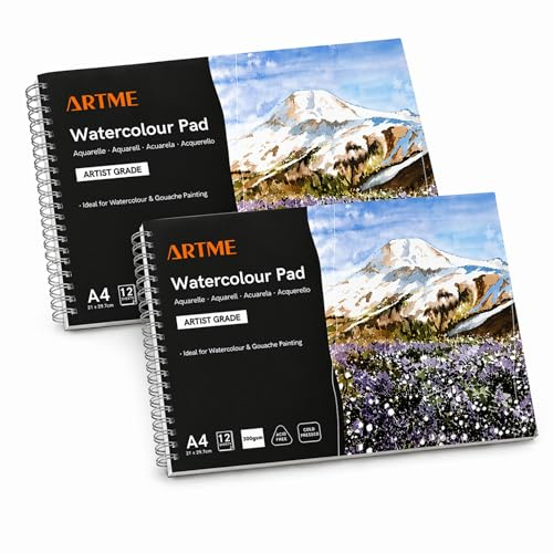 ARTME Papel para Acuarela (A4, 12 Hojas) - 300 g/m², Textura Doble, Prensado en Frío - Bloc de Dibujo, Acuarela, Gouache (2 piezas)