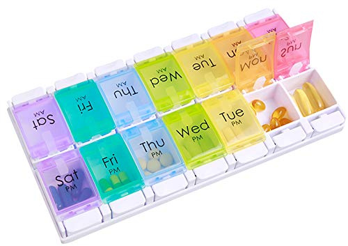 Lanzn Weekly Pill Box, Pill Organiser 14 Day Pill Storage Case Reminder Pill Tablet Dispenser Am Pm Medicine Box Pill Container Dosset Box with 14 Compartments for Medicines