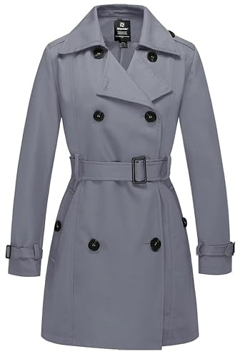 Wantdo Gabardina Impermeable con Doble Botonadura para Mujer Abrigo Ligero a Prueba de Viento Charreteras con Cinturón Chaqueta Ajustada Gris 40