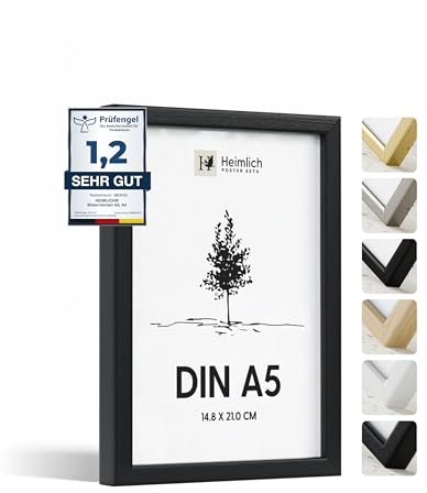 Heimlich® - Cornice per foto - A5 14,8x21 cm, legno di ayous, nero - Cornice per collage di poster di diploma con copertura in foglio di plastica - Montaggio a parete o esposizione da tavolo