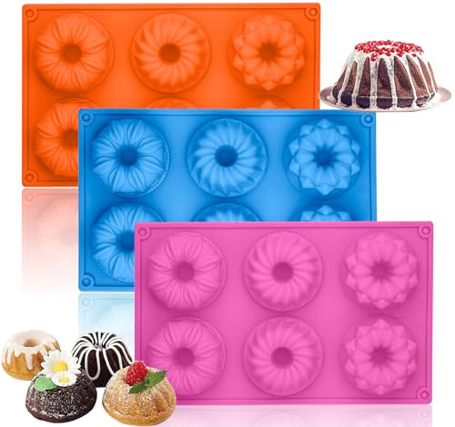 SAGOOITS Mini Cake Pan,6-Cavity Fluted Tube Cake Pan, Non Stick Silicone Fancy Baking Molds for jello, Cupcake, Doughnut, Cornbread (Set of 3)