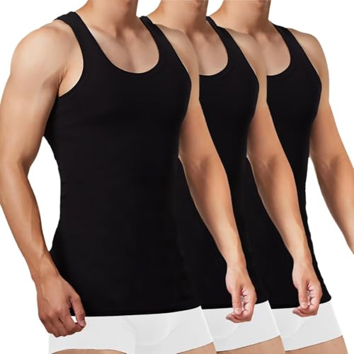 FALARY Herren Sportunterhemden Tank Top Baumwolle Männer Tanktops Unterhemd Muskelshirts 3er Pack, Schwarz, L