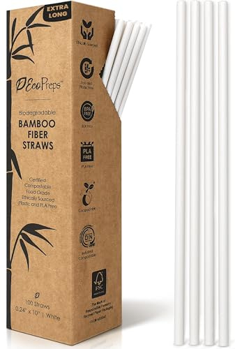 EcoPreps 10” Biodegradable Bamboo Fiber Straws, Extra-Long Straw | 100 Count, 100% Compostable, Plastic-Free, Eco-Friendly Drinking Straw | Plant Fiber, Party Jumbo Disposable Straws, 10 Inches Tall
