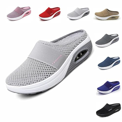 Dam Luftkudde Slip-on Promenadskor, Ortopediska Luftkudde Andningsbara Avslappnade Skor, Diabetiker Promenader Damskor, Sommar Vandringsskor Kvinnor 36-43EU, Grå, 38 EU