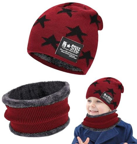 Berretto Invernale per Bambini, Set di Cappello e Scaldacollo, Cappello a Berretto Spesso + Sciarpa Set, Elastico in Maglia Beanie cap Scaldacollo, Cappelli Beanie Ragazzo Ragazza per 5-15 Anni (red)