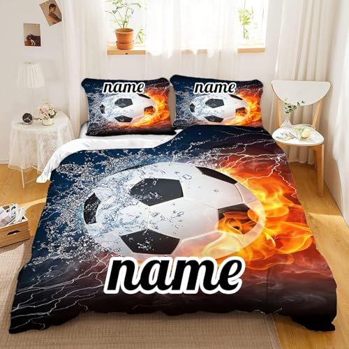 SMchwbc Ropa de cama personalizada con texto de nombre, ropa de cama individual de fútbol con nombre, ropa de cama infantil de 135 x 200 cm, diseño de fútbol (1,140 x 210 cm)