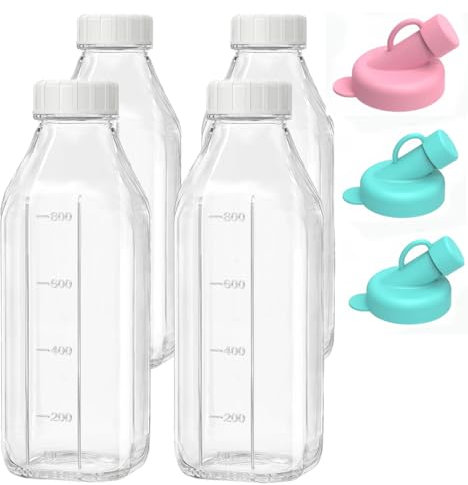 Paquete de 4 botellas de vidrio reutilizables con tapa hermética de rosca,Set de Botellas de Cristal Herméticas 1L con Tapa Hermetica de, Botellas de Nevera para Agua Leche Zumo Limonada (4 Pack)
