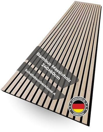 Sanfino Bambus Akustikpaneele 240x60 Echtholz OHNE Furnier (1 Stk./1,44m²) – 2,2cm hohe 3D Wandpaneele mit schwarzem Filz – Schallschutz Klasse A – Wandverkleidung innen für Wohnzimmer, Studio & Büro